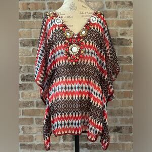 Boston proper red brown beaded embellished caftan top or swim cover up sz small